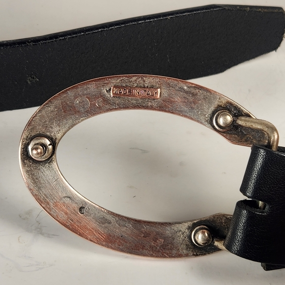 FIRENZE Belt Size 32 Black Leather Made Italy Horseshoe Buckle Rhinestones - Picture 6 of 11